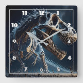 Dinosaur Skeleton Roaming an einer alten Landschaf Quadratische Wanduhr (Vorderseite)