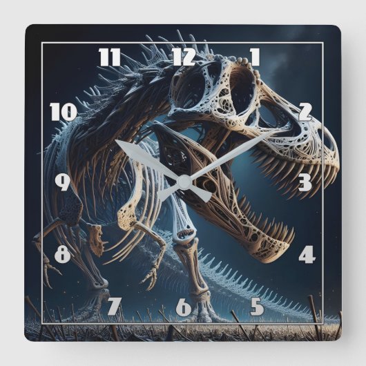 Dinosaur Skeleton Roaming an einer alten Landschaf Quadratische Wanduhr (Vorderseite)