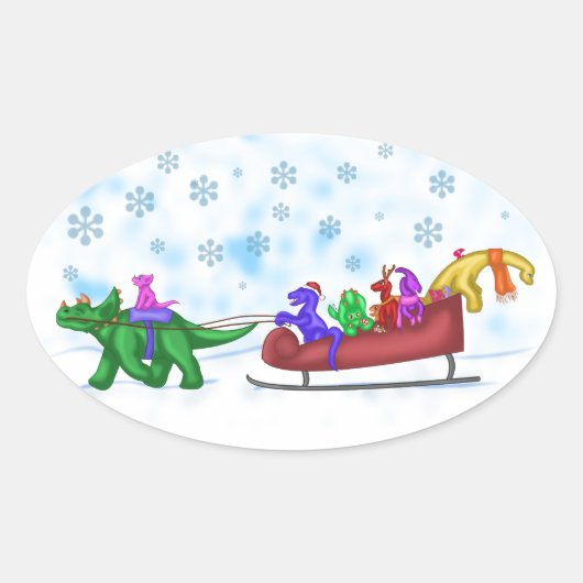 Dinosaur Sleigh Ride Ovaler Aufkleber (Vorderseite)