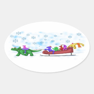 Dinosaur Sleigh Ride Ovaler Aufkleber