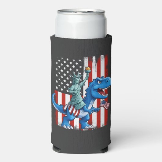 Dinosaur Statue Liberty 4. Juli Amerikanische Flag Selters Dosenkühler (Seltzer Vorderseite)