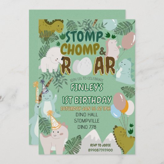 Dinosaur stomp chomp and roar birthday invitation  (Vorne/Hinten)
