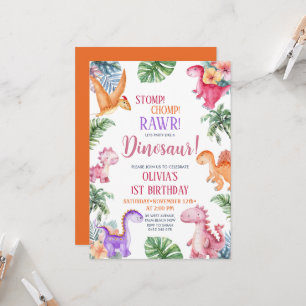 Dinosaur Stomp Chomp Rawr 1. Geburtstag GIRL Party Einladung