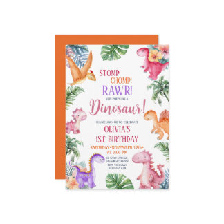 Dinosaur Stomp Chomp Rawr 1. Geburtstag GIRL Party Einladung