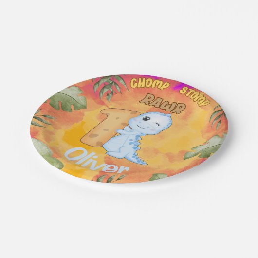 Dinosaur Stomp Chomp Rawr 1. Party Pappteller (Schrägansicht)