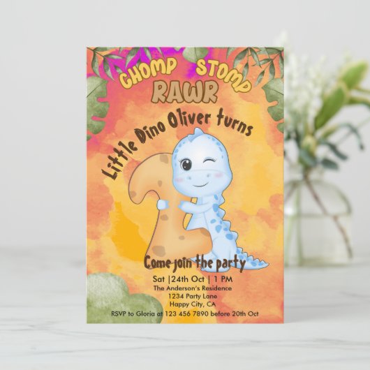 Dinosaur Stomp Chomp Rawr 2. Party Einladung (Stehend Vorderseite)