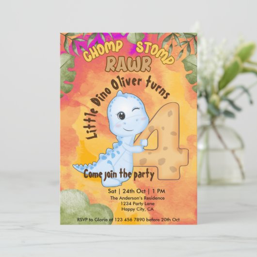 Dinosaur Stomp Chomp Rawr 4. Party Einladung (Stehend Vorderseite)