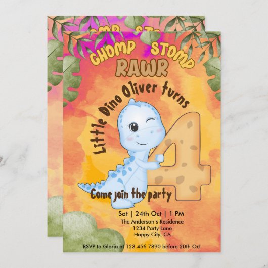 Dinosaur Stomp Chomp Rawr 4. Party Einladung (Vorne/Hinten)