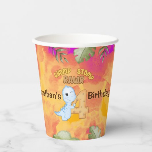 Dinosaur Stomp Chomp Rawr 4. Party Pappbecher (Vorderseite)