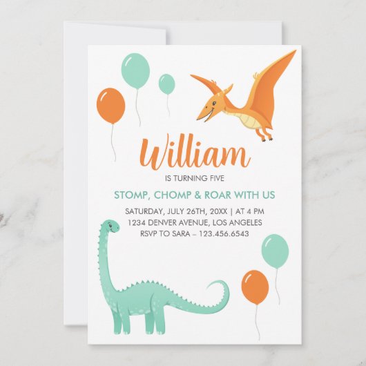 Dinosaur Stomp Chomp Rawr Birthday Party Boy Einladung (Vorderseite)
