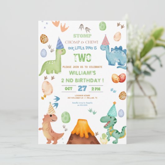 Dinosaur Stomp Chomp Rawr Birthday Party Boy Einladung (Stehend Vorderseite)