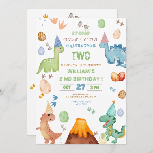 Dinosaur Stomp Chomp Rawr Birthday Party Boy Einladung (Vorne/Hinten)