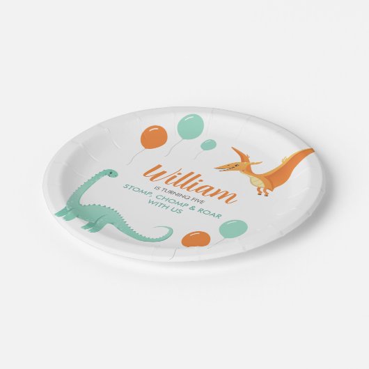 Dinosaur Stomp Chomp Rawr Birthday Party Boy Pappteller (Schrägansicht)