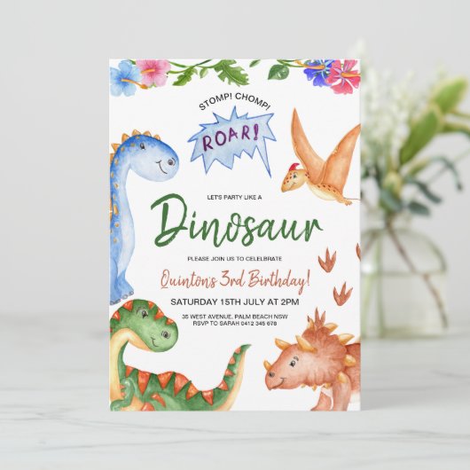 Dinosaur Stomp Chomp Rawr Birthday Party Einladung (Stehend Vorderseite)