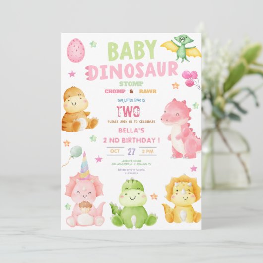 Dinosaur Stomp Chomp Rawr Birthday Party Girl Einladung (Stehend Vorderseite)