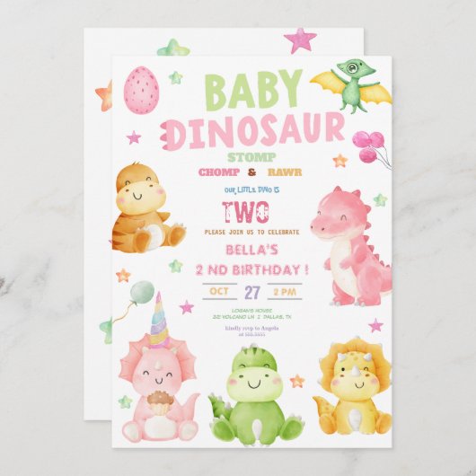 Dinosaur Stomp Chomp Rawr Birthday Party Girl Einladung (Vorne/Hinten)