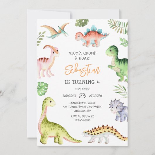 Dinosaur Stomp Chomp Roar Birthday Party Einladung (Vorderseite)