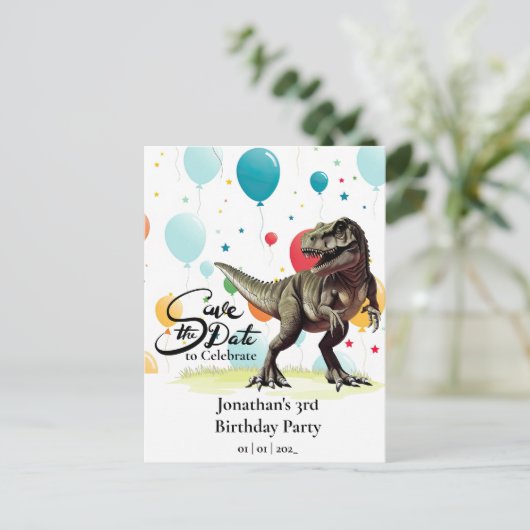Dinosaur T-Rex Balloons Save the Date Postkarte (Stehend Vorderseite)