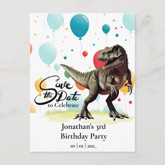 Dinosaur T-Rex Balloons Save the Date Postkarte (Vorderseite)