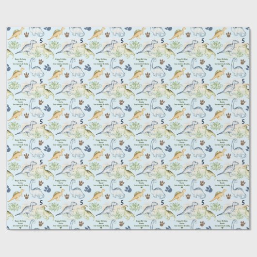 Dinosaur T rex Blue Boy Geburtsname Geschenkpapier (Flach)