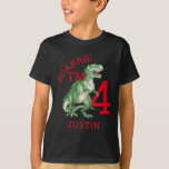 Dinosaur T Rex Boys 4. Geburtstags-T - Shirt<br><div class="desc">Ein kühner Dinosaurier T Rex mit fliegendem Pterodactyls-Junge's 4. Geburtstagstee. Kühne grüne Aquarelldinosaurier. Füge Deinen Namen hinzu.</div>