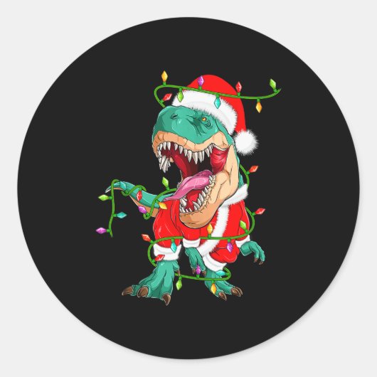 Dinosaur T-rex Christmas Lights Funny Santa Cute A Runder Aufkleber (Vorderseite)