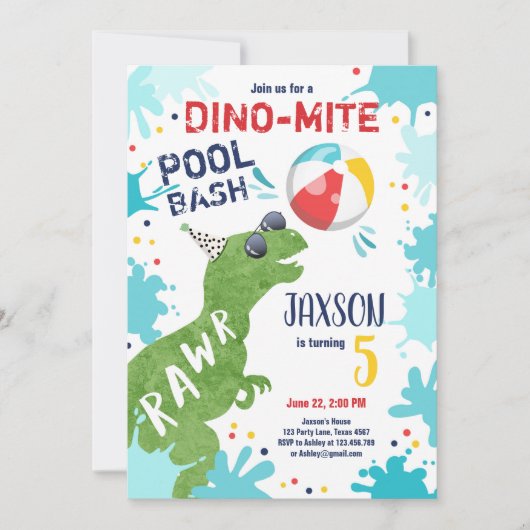 Dinosaur T-Rex Dino Mite Pool Bash Boy Blue Party Einladung (Vorderseite)