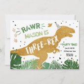 Dinosaur T-Rex Drei-Rex RAWR Gold Boy Birthday Einladung (Vorderseite)