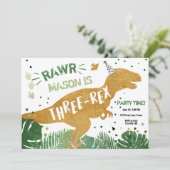 Dinosaur T-Rex Drei-Rex RAWR Gold Boy Birthday Einladung (Stehend Vorderseite)