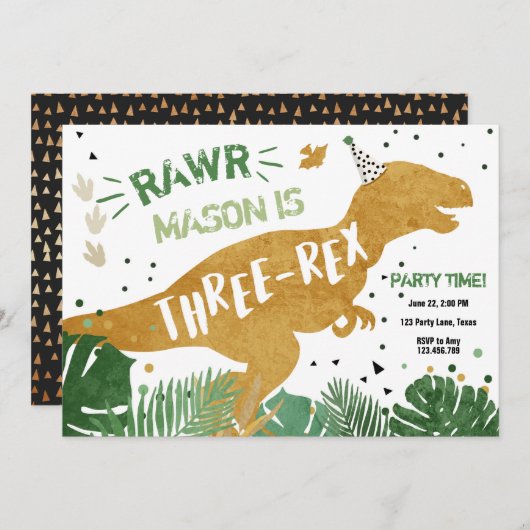 Dinosaur T-Rex Drei-Rex RAWR Gold Boy Birthday Einladung (Vorne/Hinten)