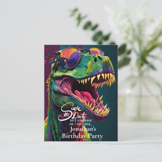 Dinosaur T-Rex Green Save the Date Postkarte (Stehend Vorderseite)