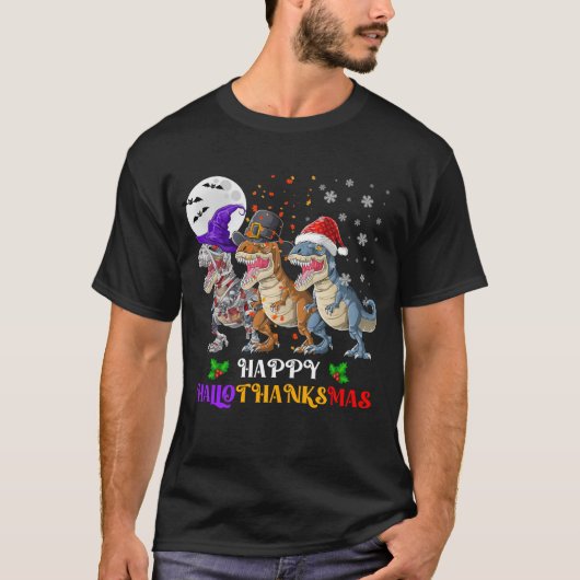 Dinosaur T Rex Happy Hallothanksmas T-Shirt (Vorderseite)