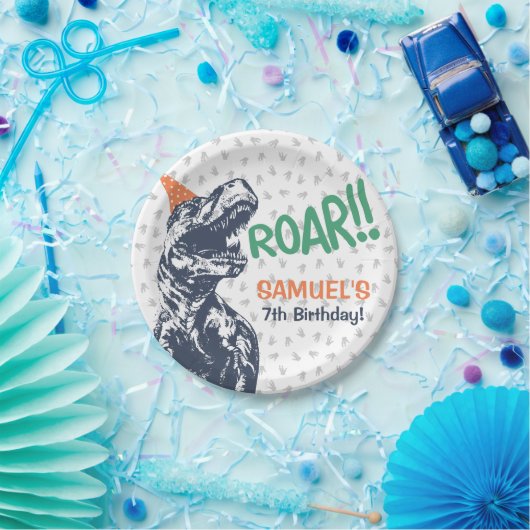 Dinosaur T-Rex in Party Hat Birthday Party Pappteller (Party)