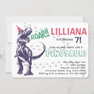 Dinosaur T-Rex in Party Hat Pink & Lila Geburtstag Einladung
