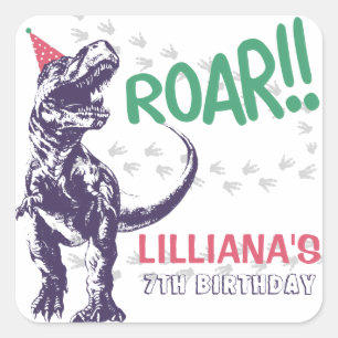 Dinosaur T-Rex in Partyhut Pink & Lila Geburtstag Quadratischer Aufkleber