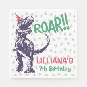 Dinosaur T-Rex in Partyhut Pink & Lila Geburtstag Serviette