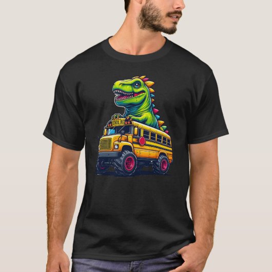 Dinosaur T-rex On Monster Truck School Bus Driver T-Shirt (Vorderseite)