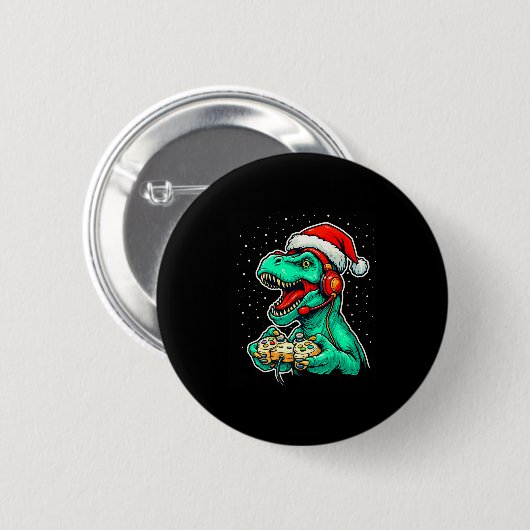 Dinosaur T Rex Playing Video Game Santa Hat Christ Button (Vorne & Hinten)
