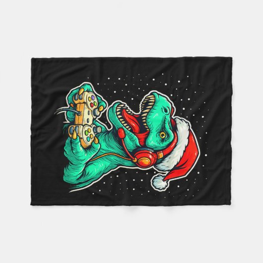 Dinosaur T Rex Playing Video Game Santa Hat Christ Fleecedecke (Vorderseite (Horizontal))