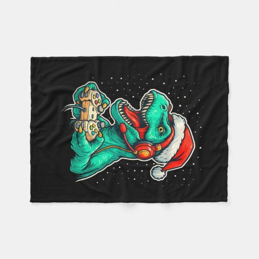Dinosaur T Rex Playing Video Game Santa Hat Christ Fleecedecke (Vorderseite (Horizontal))
