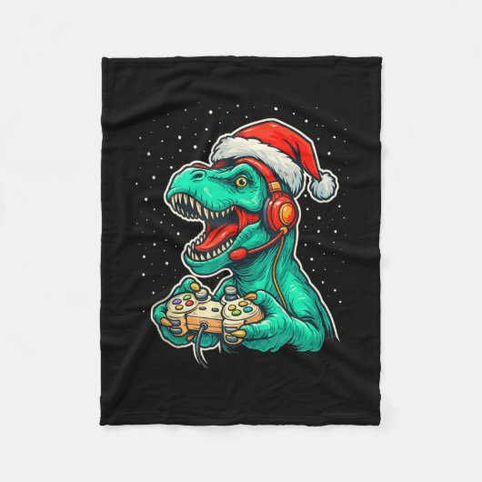Dinosaur T Rex Playing Video Game Santa Hat Christ Fleecedecke (Vorderseite)