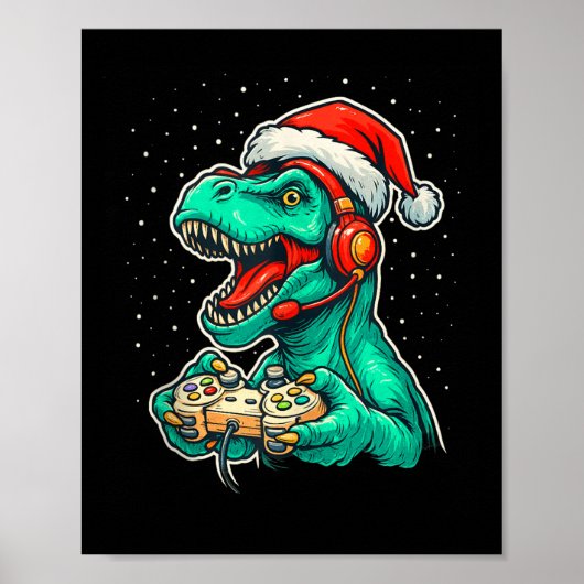 Dinosaur T Rex Playing Video Game Santa Hat Christ Poster (Vorne)