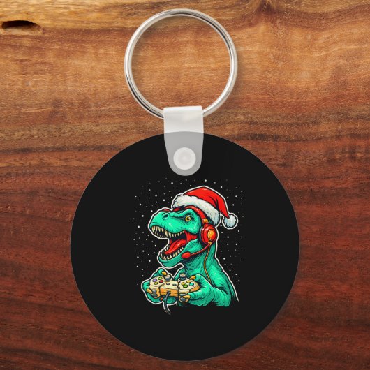 Dinosaur T Rex Playing Video Game Santa Hat Christ Schlüsselanhänger (Vorderseite)