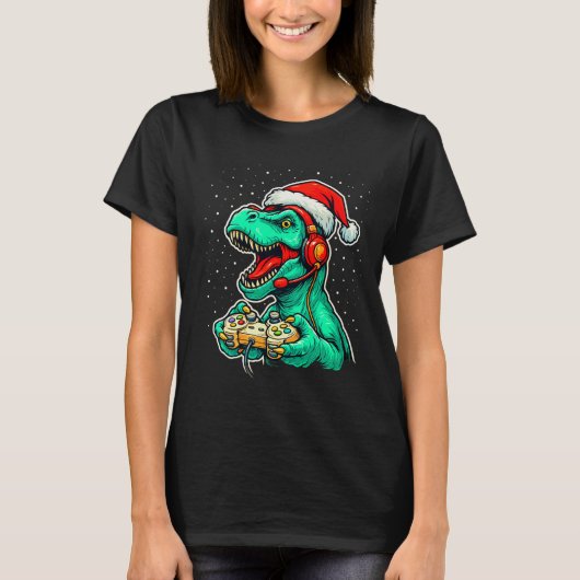Dinosaur T Rex Playing Video Game Santa Hat Christ T-Shirt (Vorderseite)