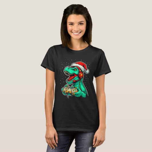 Dinosaur T Rex Playing Video Game Santa Hat Christ T-Shirt (Vorne ganz)