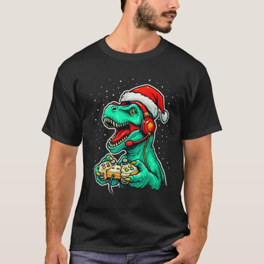 Dinosaur T Rex Playing Video Game Santa Hat Christ T-Shirt (Vorderseite)