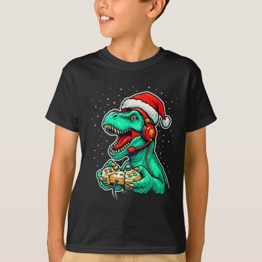 Dinosaur T Rex Playing Video Game Santa Hat Christ T-Shirt (Vorderseite)