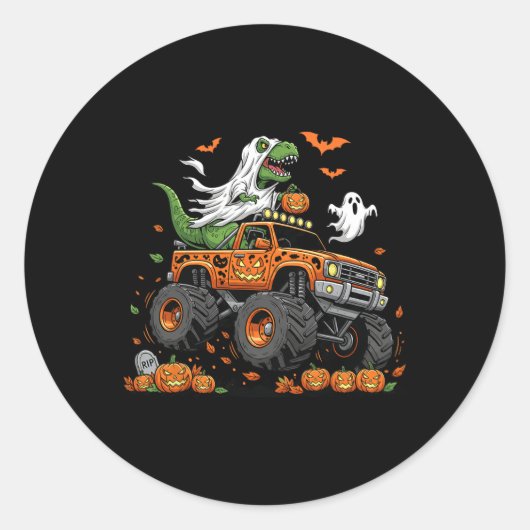 Dinosaur T-rex Riding Monster Truck Halloween Männ Runder Aufkleber (Vorderseite)