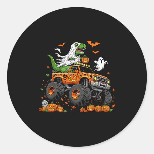 Dinosaur T-rex Riding Monster Truck Halloween Men Runder Aufkleber (Vorderseite)
