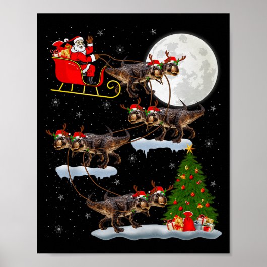 Dinosaur T-rex Santa Sleigh Flying Funny Magical C Poster (Vorne)